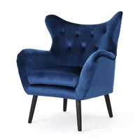 Siyan Accent Armchair, Navy Blue Velvet, Tufted Wingback, Black Wood Legs