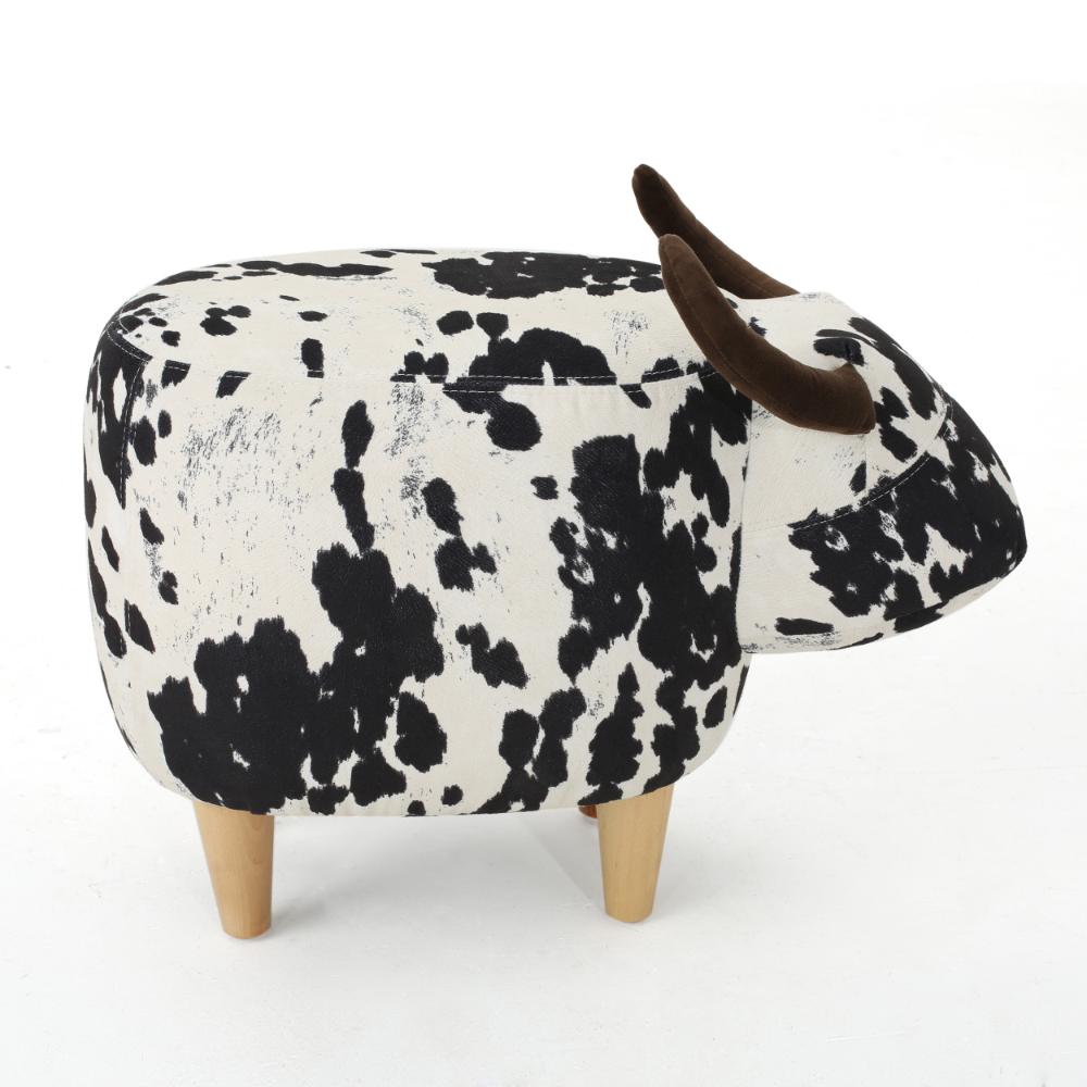 Massy Cow Kids Ottoman 25 Inches, Black, White Velvet, Light Brown Horn -BM321677