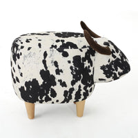Massy Cow Kids Ottoman 25 Inches, Black, White Velvet, Light Brown Horn -BM321677