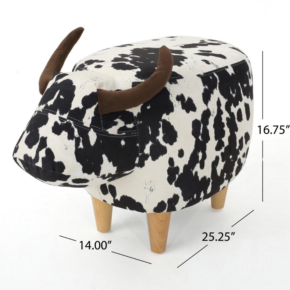 Massy Cow Kids Ottoman 25 Inches, Black, White Velvet, Light Brown Horn -BM321677