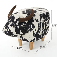 Massy Cow Kids Ottoman 25 Inches, Black, White Velvet, Light Brown Horn -BM321677