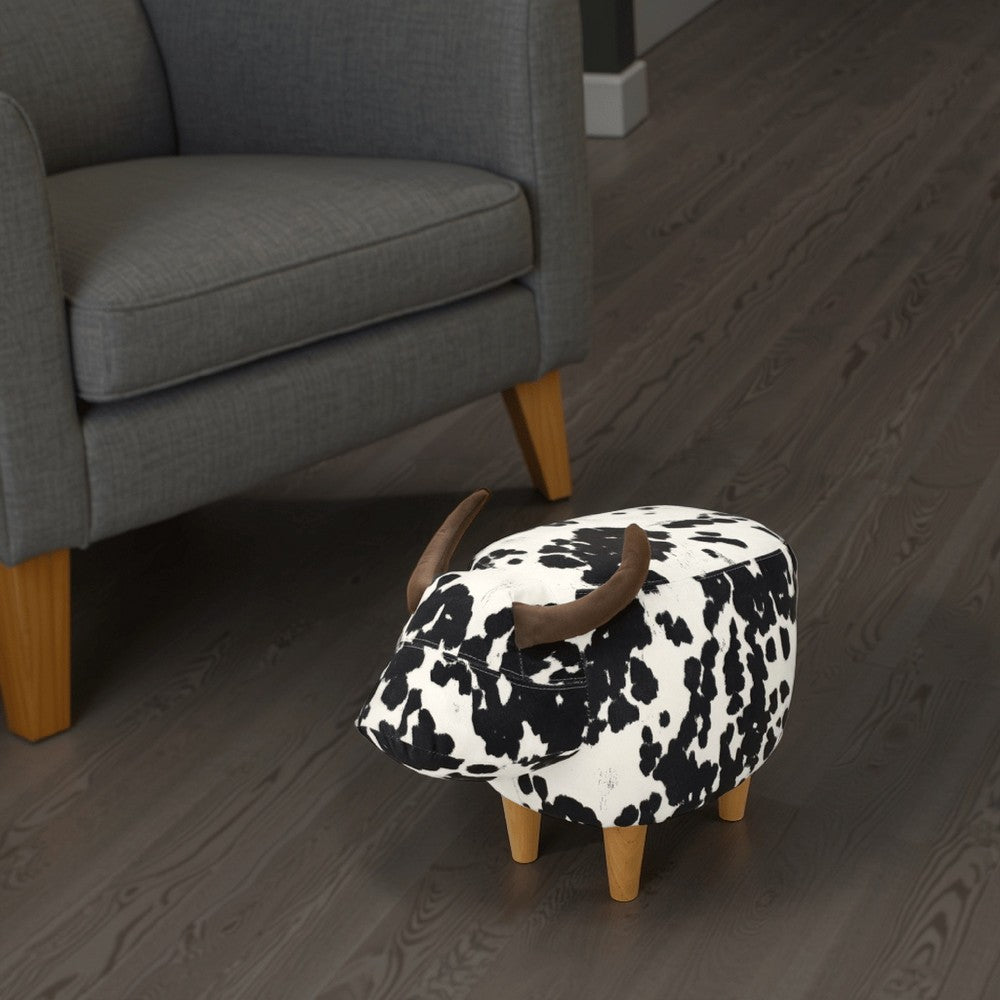 Massy Cow Kids Ottoman 25 Inches, Black, White Velvet, Light Brown Horn -BM321677