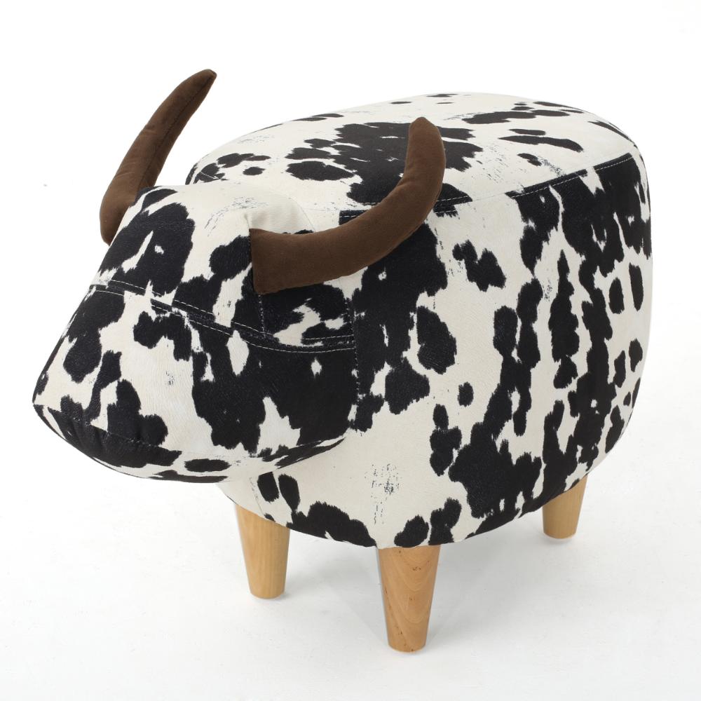 Massy Cow Kids Ottoman 25 Inches, Black, White Velvet, Light Brown Horn