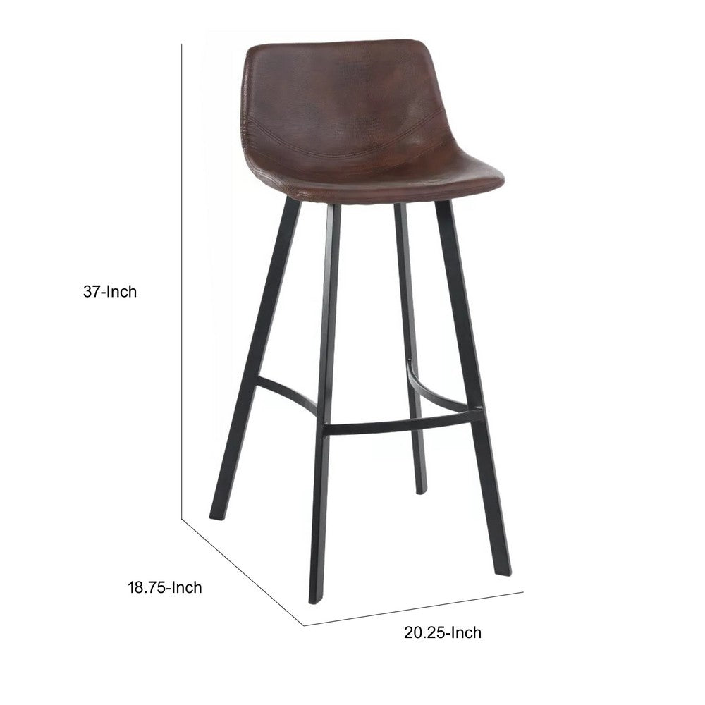 Barstool Chair Set of 2, Curved Seat, Black Steel, Brown Faux Leather -BM321700