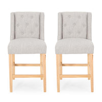 Seliva Counter Stool Chair Set of 2, Light Gray Fabric, Tufted, Brown Wood