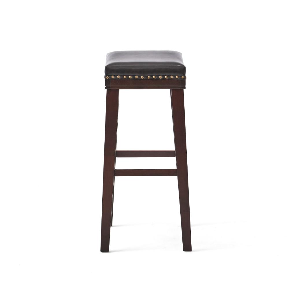 Clare Barstool Set of 2, Black Faux Leather, Nailhead Trim, Dark Brown -BM323588