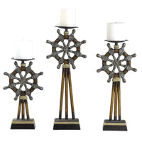 Capi 3pc Candle Holder Set w Candles, Bronze Wheel Shape, Solid Base -BM323993