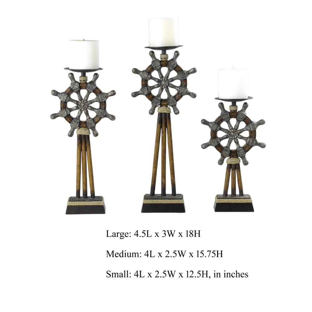 Capi 3pc Candle Holder Set w Candles, Bronze Wheel Shape, Solid Base -BM323993