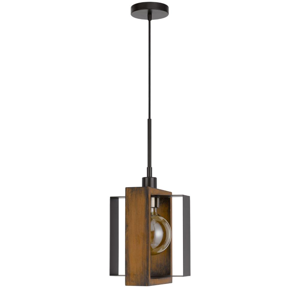 Gen 9 Inch Mini Pendant Light Fixture w Bulb, Black Metal, Pine Wood -BM324000