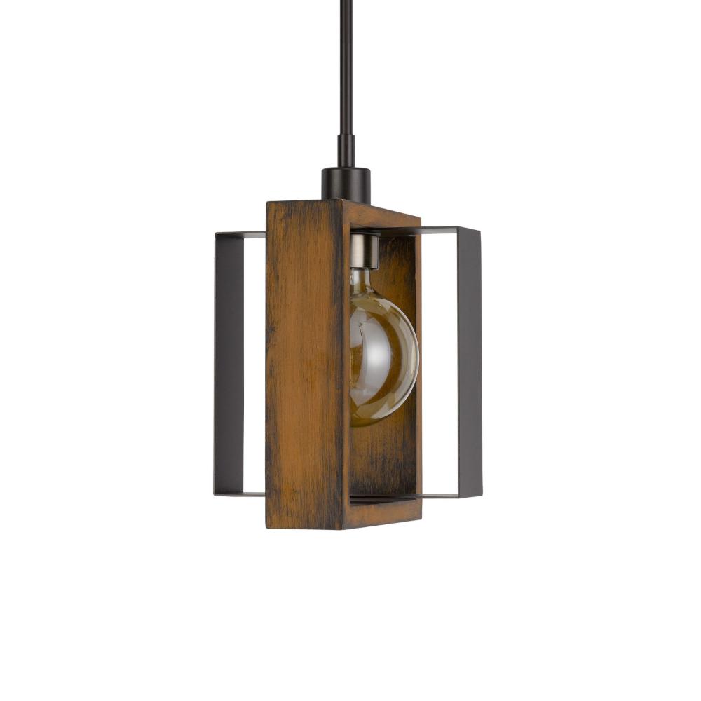 Gen 9 Inch Mini Pendant Light Fixture w Bulb, Black Metal, Pine Wood -BM324000