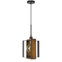Gen 9 Inch Mini Pendant Light Fixture w Bulb, Black Metal, Pine Wood