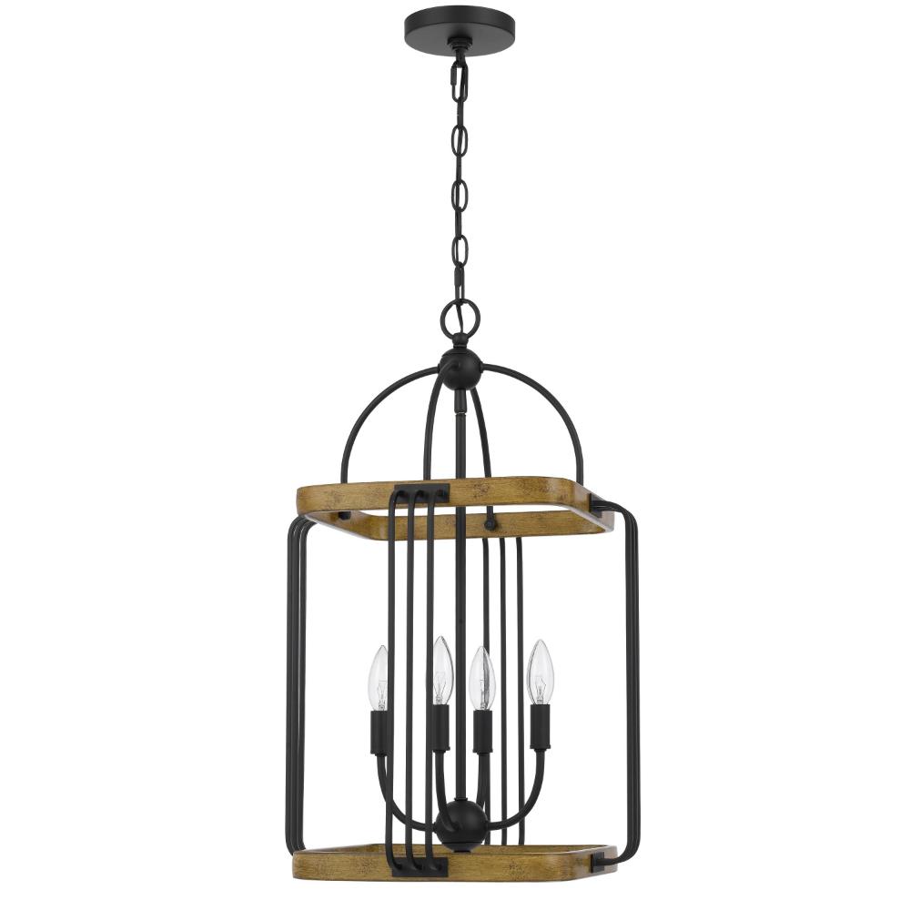 Rio 16 Inch Chandelier w Upturned Lights and Canopy, Wood, Black Metal
