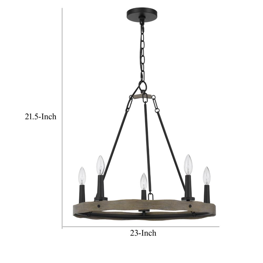 Stomy 23 Inch Chandelier, Brown Wood Wheel Design, Black Metal Chain -BM324003