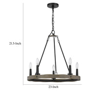 Stomy 23 Inch Chandelier, Brown Wood Wheel Design, Black Metal Chain -BM324003
