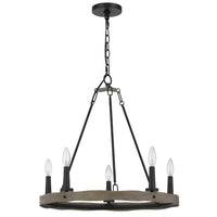 Stomy 23 Inch Chandelier, Brown Wood Wheel Design, Black Metal Chain