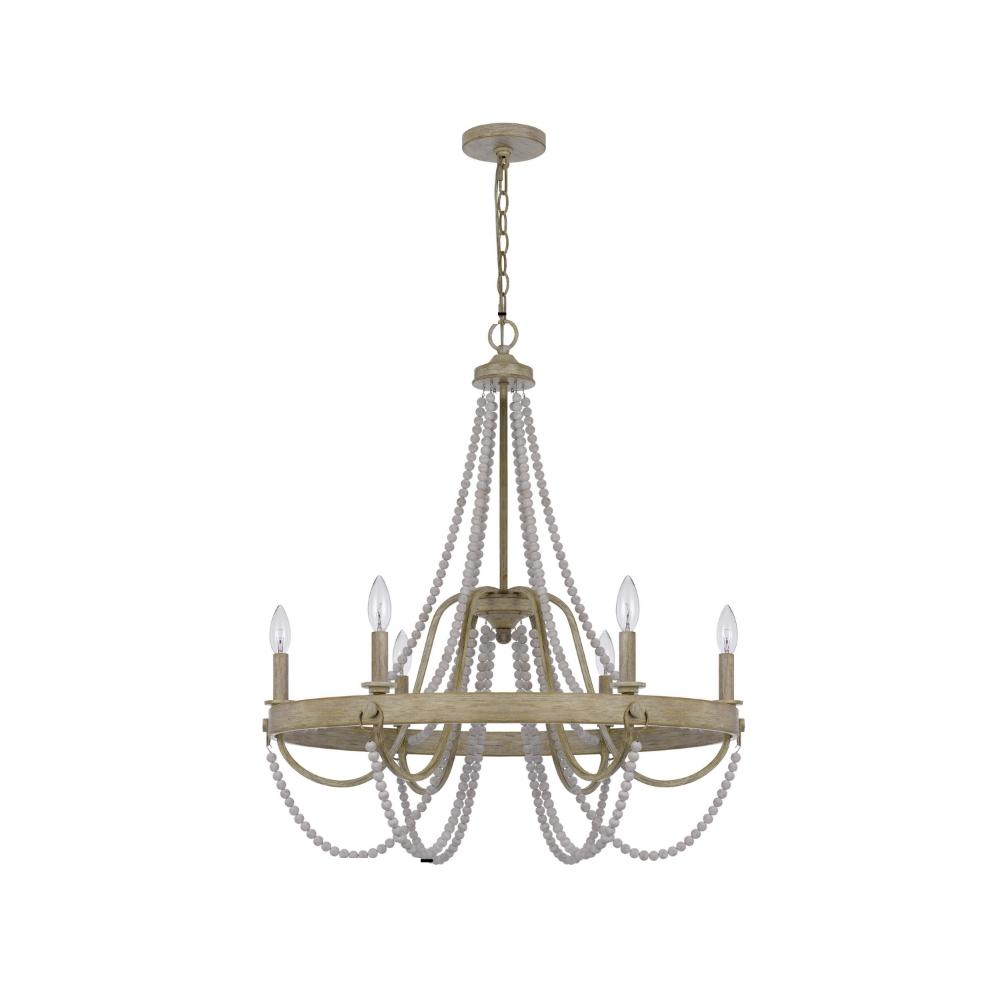 Maci 28 Inch Chandelier, White Beaded Candelabra Design, Brown Wood -BM324009