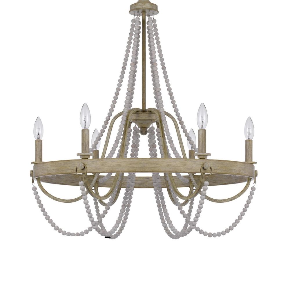 Maci 28 Inch Chandelier, White Beaded Candelabra Design, Brown Wood -BM324009