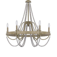 Maci 28 Inch Chandelier, White Beaded Candelabra Design, Brown Wood -BM324009