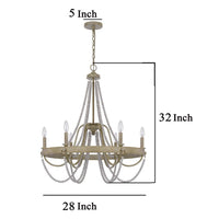 Maci 28 Inch Chandelier, White Beaded Candelabra Design, Brown Wood -BM324009