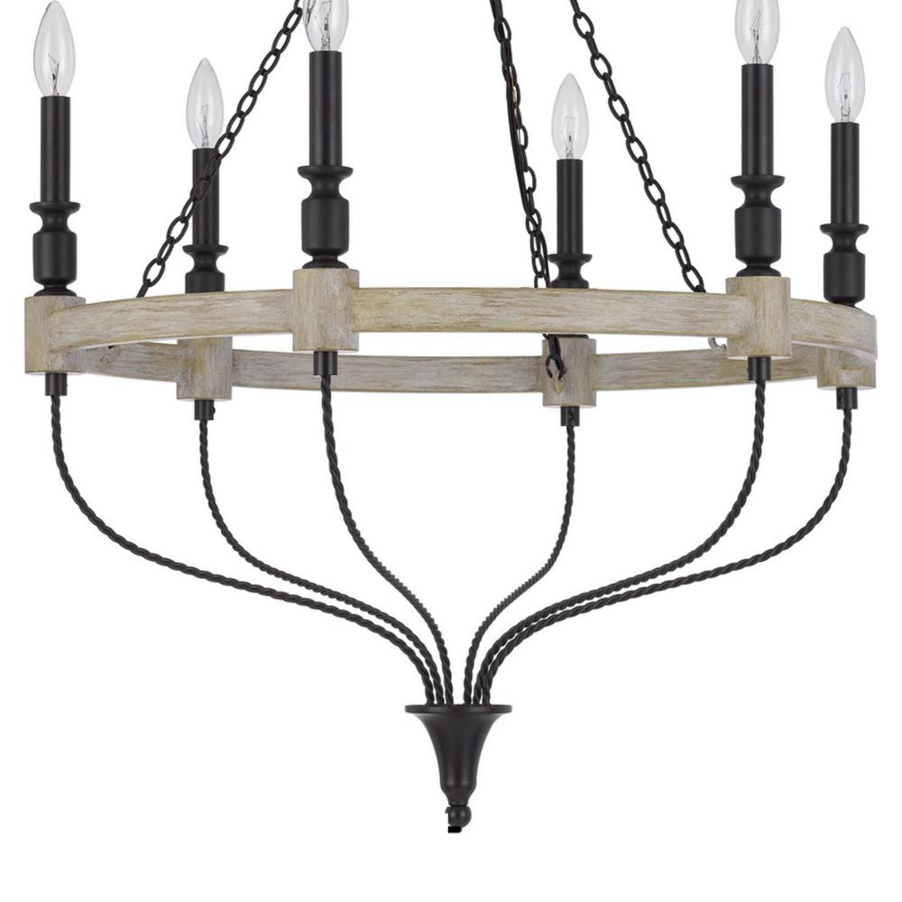 Omy 26 Inch Chandelier, Distressed Wood Wheel Candelabra Design, Black -BM324012