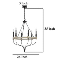 Omy 26 Inch Chandelier, Distressed Wood Wheel Candelabra Design, Black -BM324012