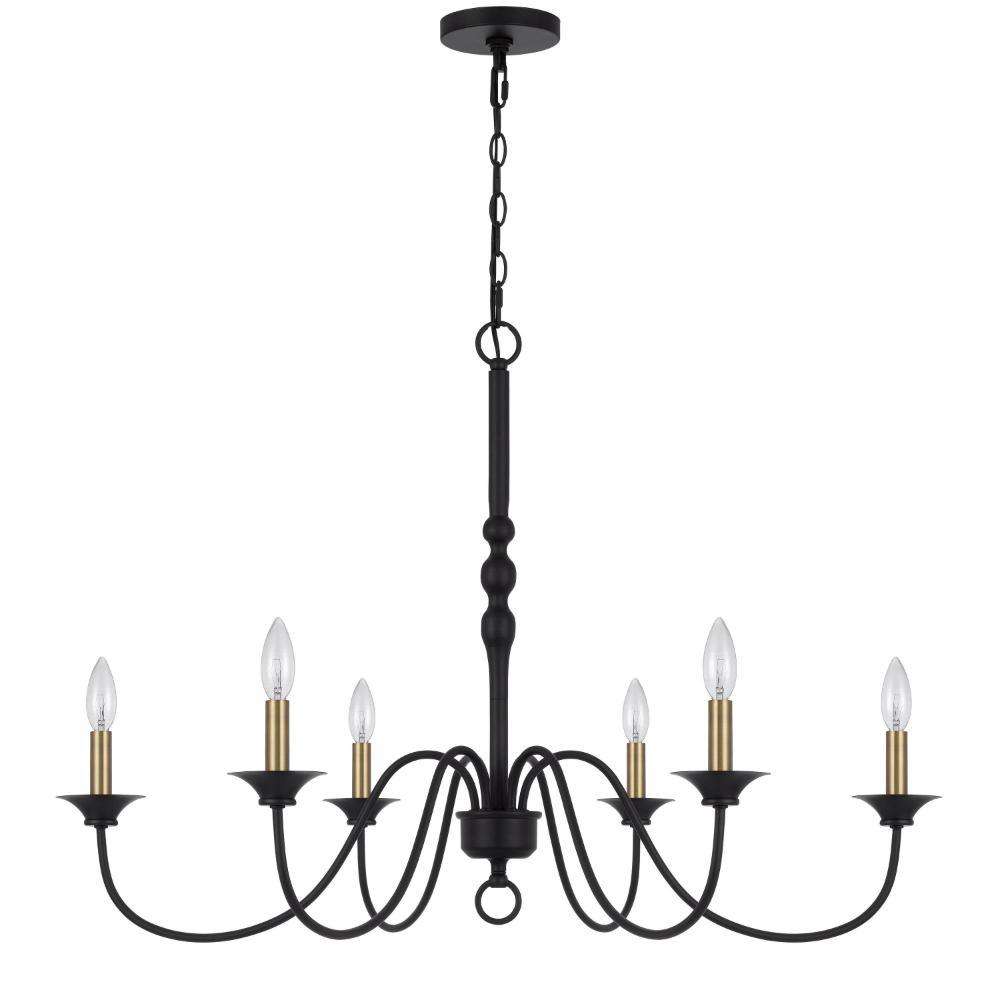 Rino 36 Inch Chandelier, Brass Candelabra Sleeve Accents, Black Metal -BM324013