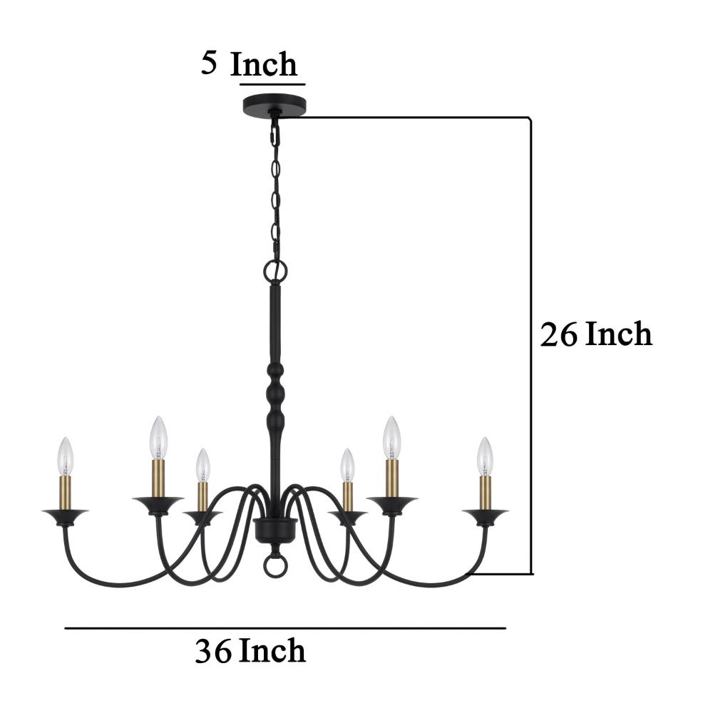 Rino 36 Inch Chandelier, Brass Candelabra Sleeve Accents, Black Metal -BM324013