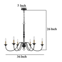 Rino 36 Inch Chandelier, Brass Candelabra Sleeve Accents, Black Metal -BM324013