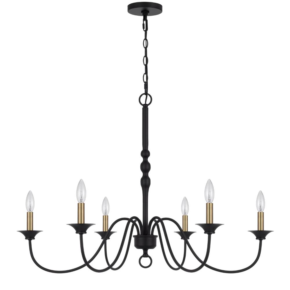 Rino 36 Inch Chandelier, Brass Candelabra Sleeve Accents, Black Metal