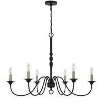 Rino 36 Inch Chandelier, Brass Candelabra Sleeve Accents, Black Metal