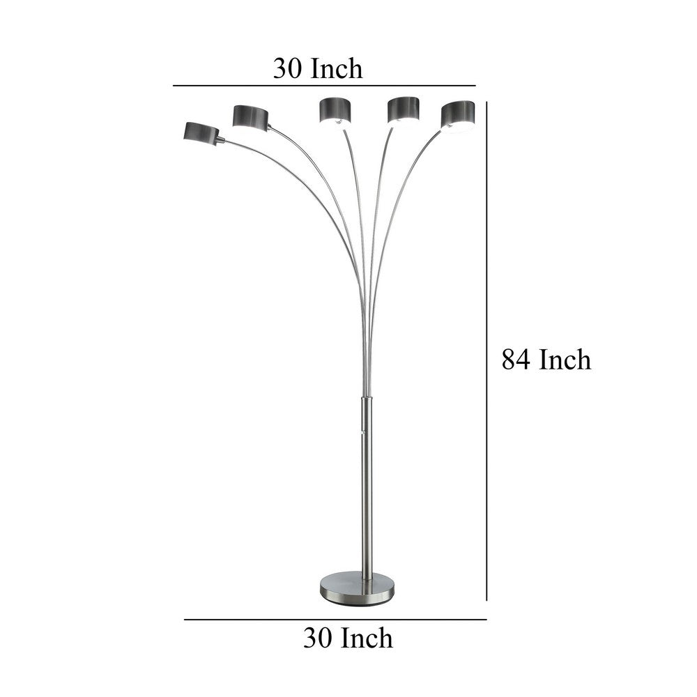 5 Arm Arched Floor Lamp, 84 Inch Chrome Metal Sleek Stem, Round Base -BM324185