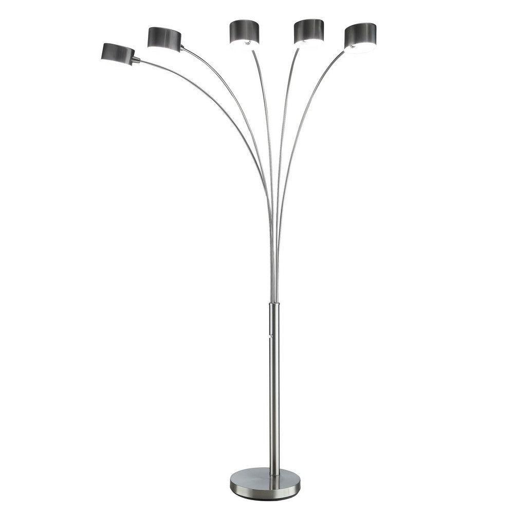 5 Arm Arched Floor Lamp, 84 Inch Chrome Metal Sleek Stem, Round Base