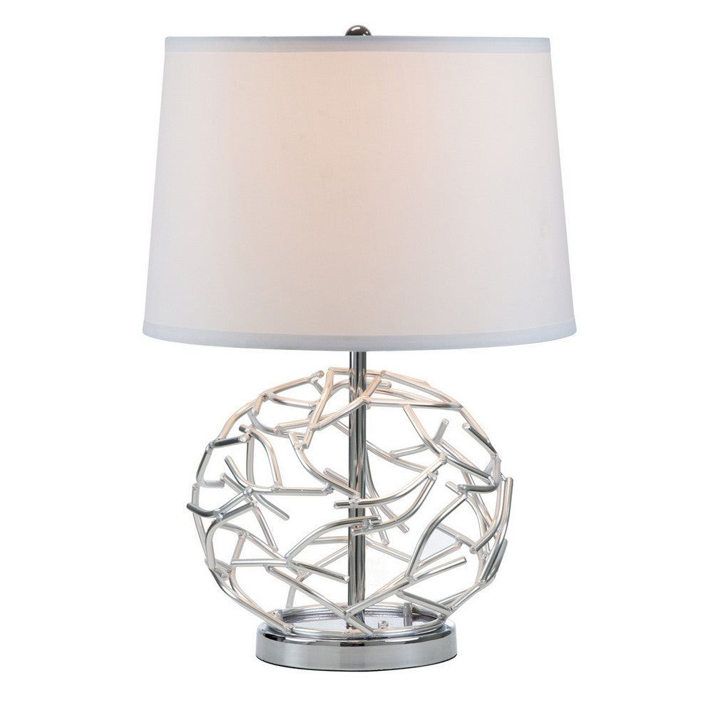24 Inch Table Lamp, Silver Hollow Geometric Globe Base, Empire Shade -BM324187