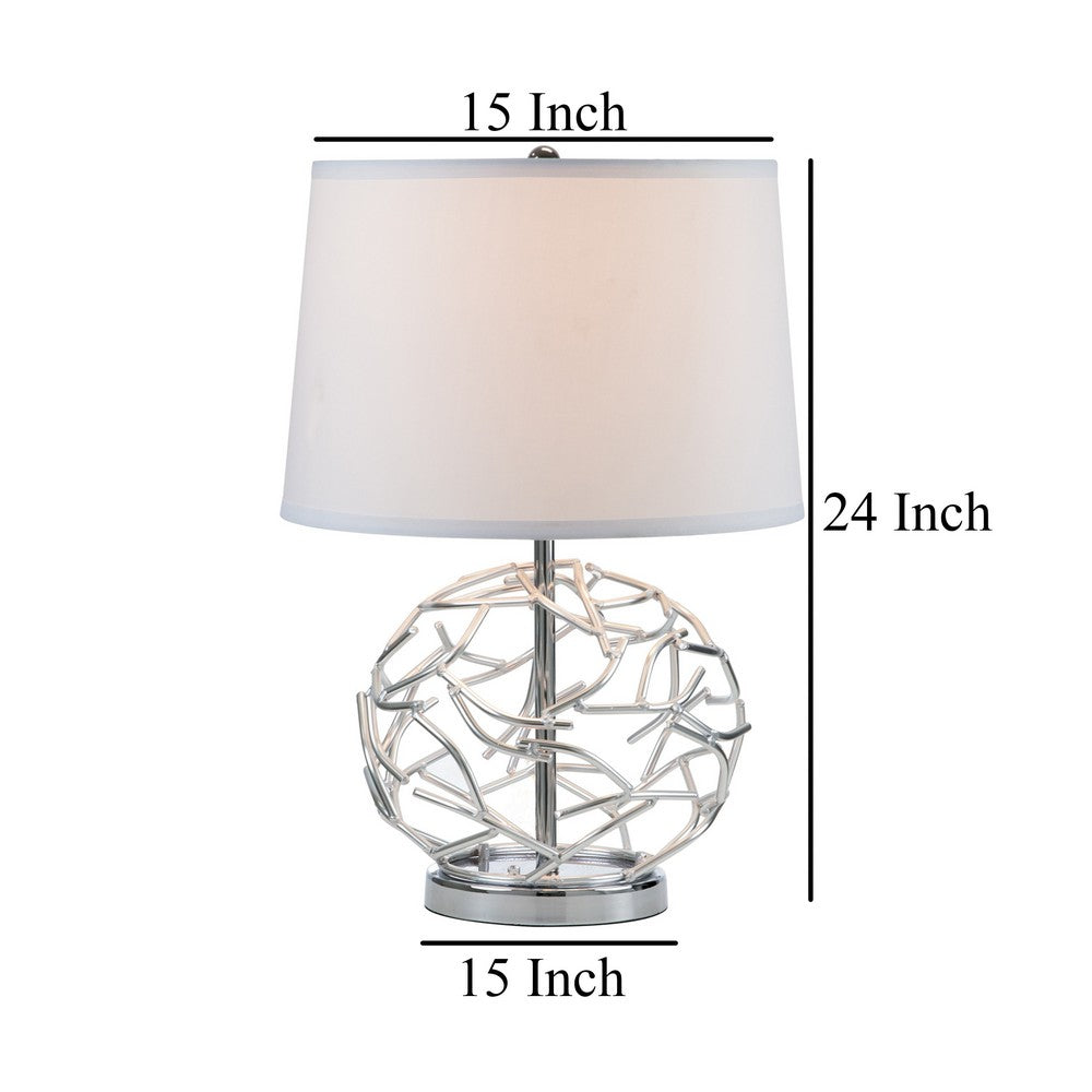24 Inch Table Lamp, Silver Hollow Geometric Globe Base, Empire Shade -BM324187
