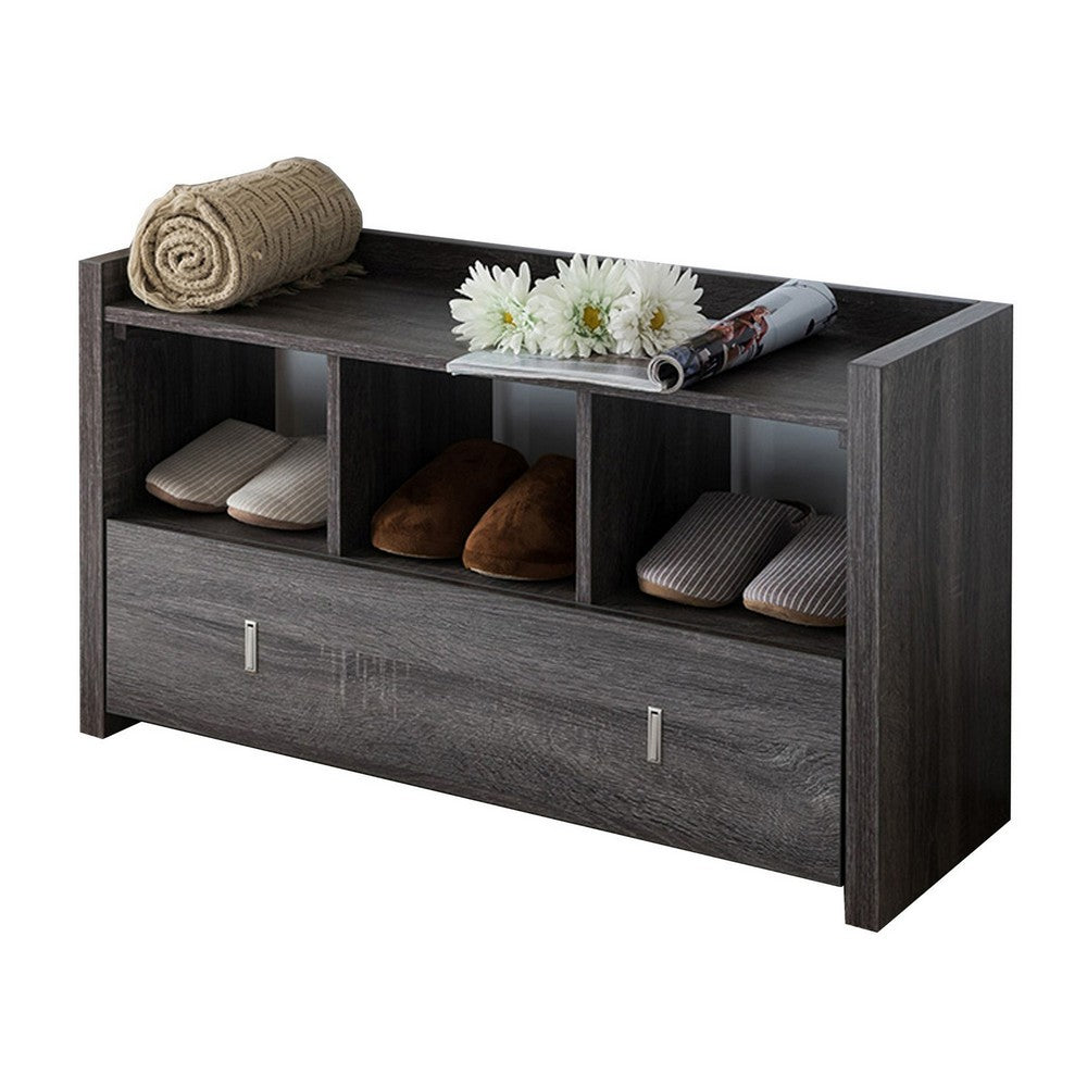 Beak Shoe Bench, 3 Open Shelves, Drawer, 34 Inch Distressed Gray -BM324278