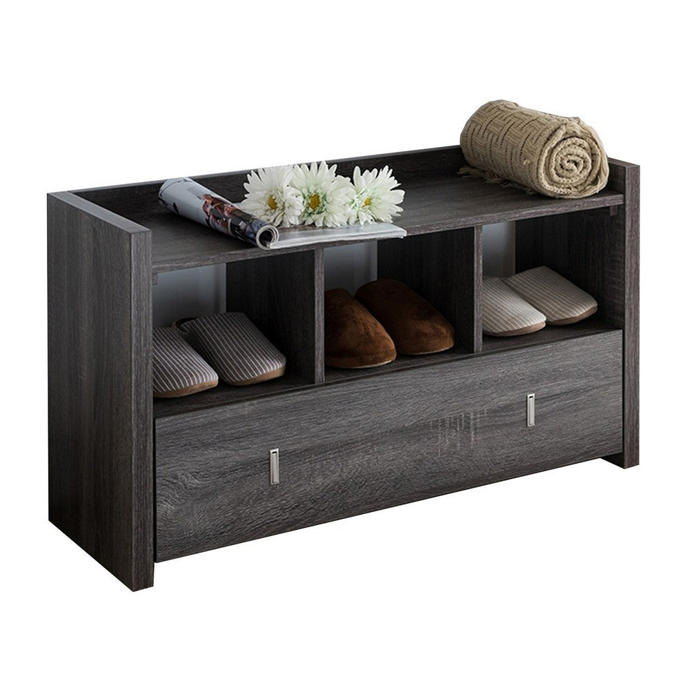 Beak Shoe Bench, 3 Open Shelves, Drawer, 34 Inch Distressed Gray