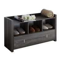 Beak Shoe Bench, 3 Open Shelves, Drawer, 34 Inch Distressed Gray