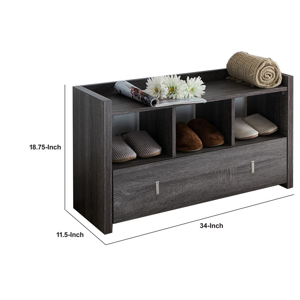 Beak Shoe Bench, 3 Open Shelves, Drawer, 34 Inch Distressed Gray -BM324278