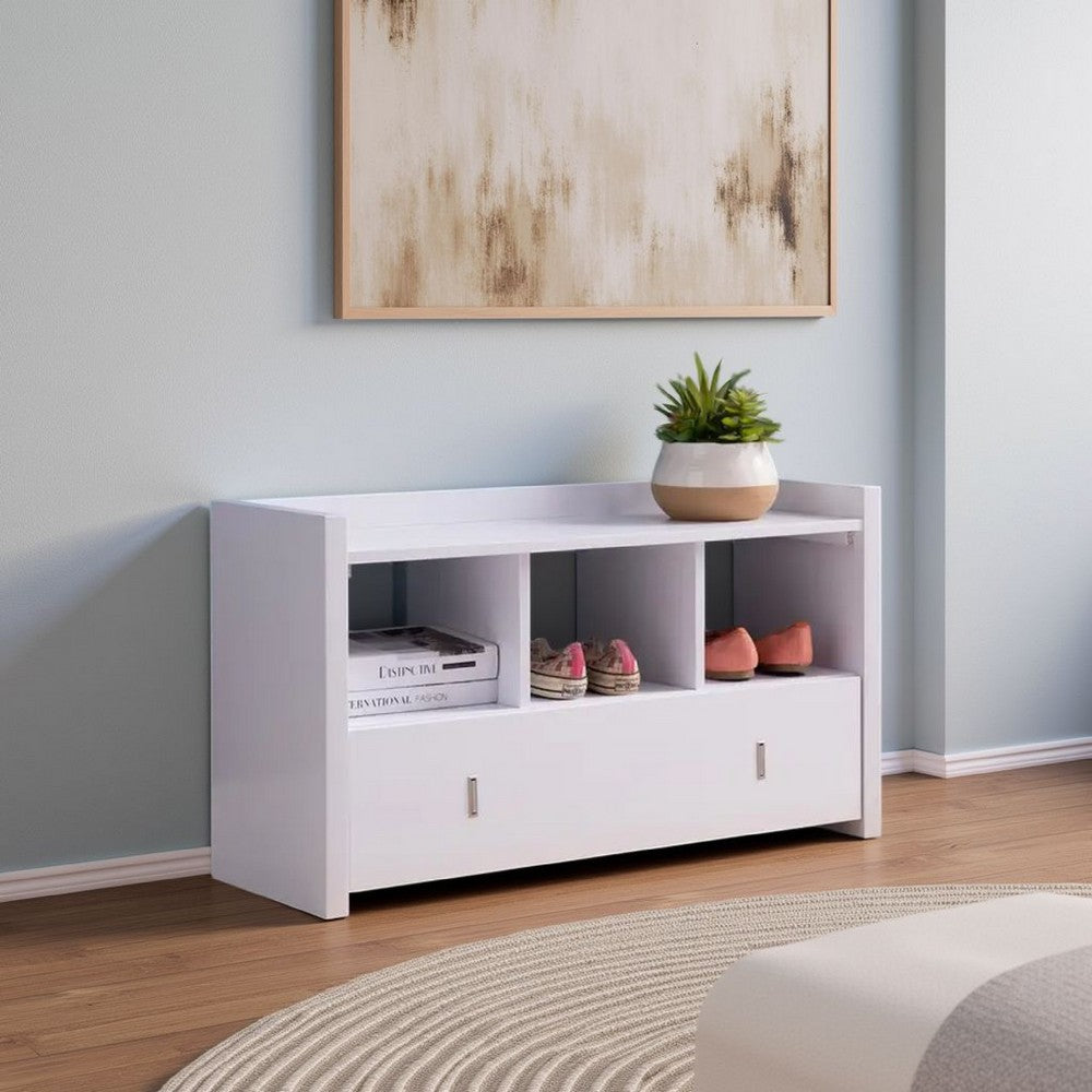 Beak Shoe Bench, 3 Open Shelves 1 Drawer, 34 Inch Classic White Finish -BM324279