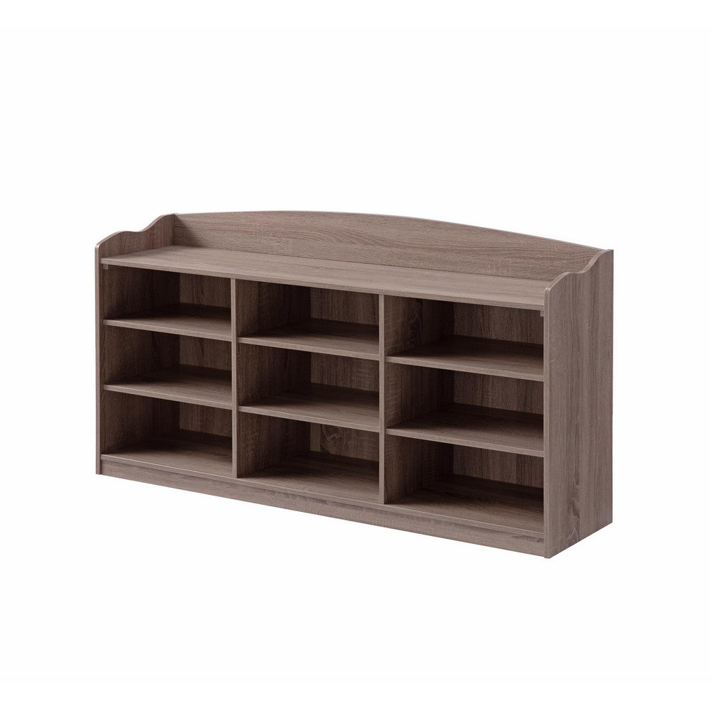 Hale Shoe Bench, 48 Inch Top, 9 Open Compartments, Taupe Brown Finish -BM324288