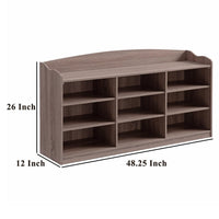 Hale Shoe Bench, 48 Inch Top, 9 Open Compartments, Taupe Brown Finish -BM324288