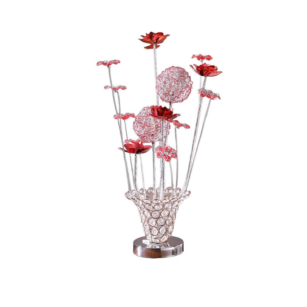 Accent Table Lamp, LED, Red Roses Trumpet Crystal Vase, Chrome 21 Inch -BM324413