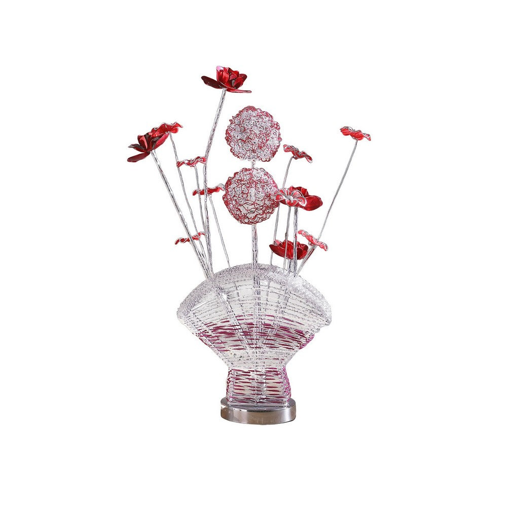 Accent Table Lamp, LED, Red Roses Fan Crystal Vase, Chrome 22 Inch