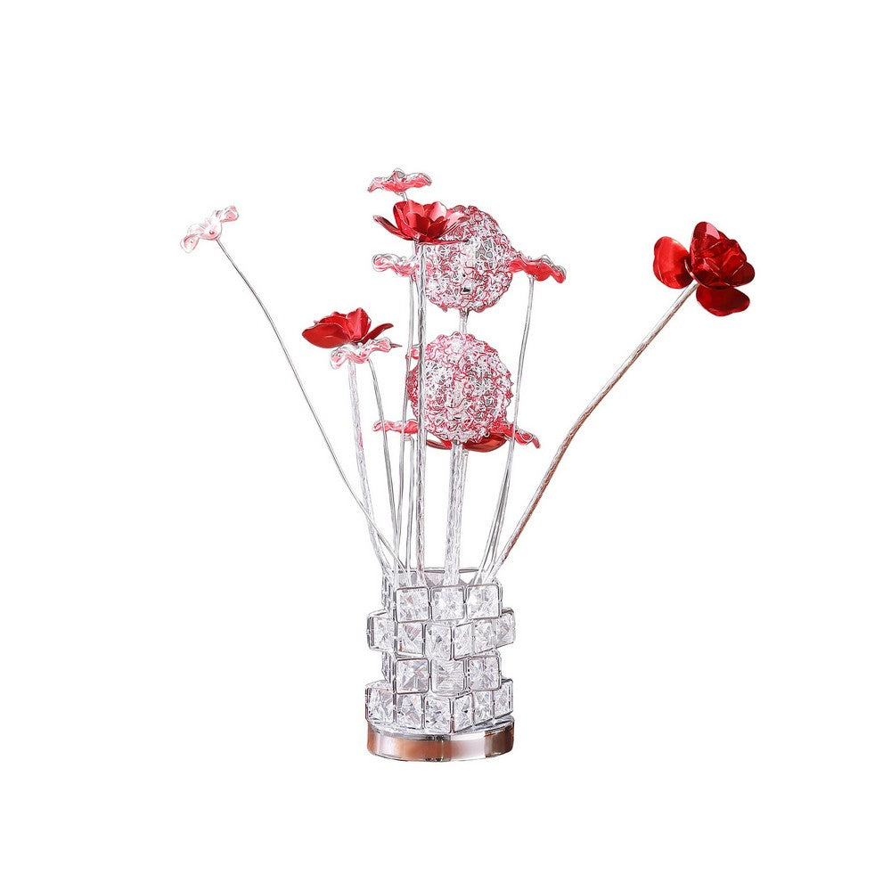 Accent Table Lamp, LED, Red Roses, Crystal Square Vase, Chrome 21 Inch -BM324415