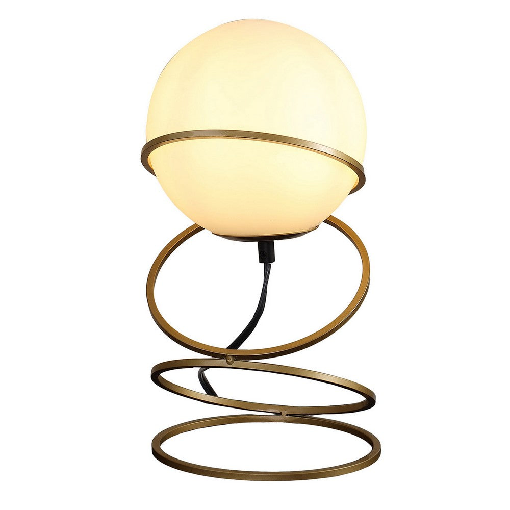 Table Lamp, White Glass Globe, 4 Spiral Ring Accented Base 14 Inch -BM324494