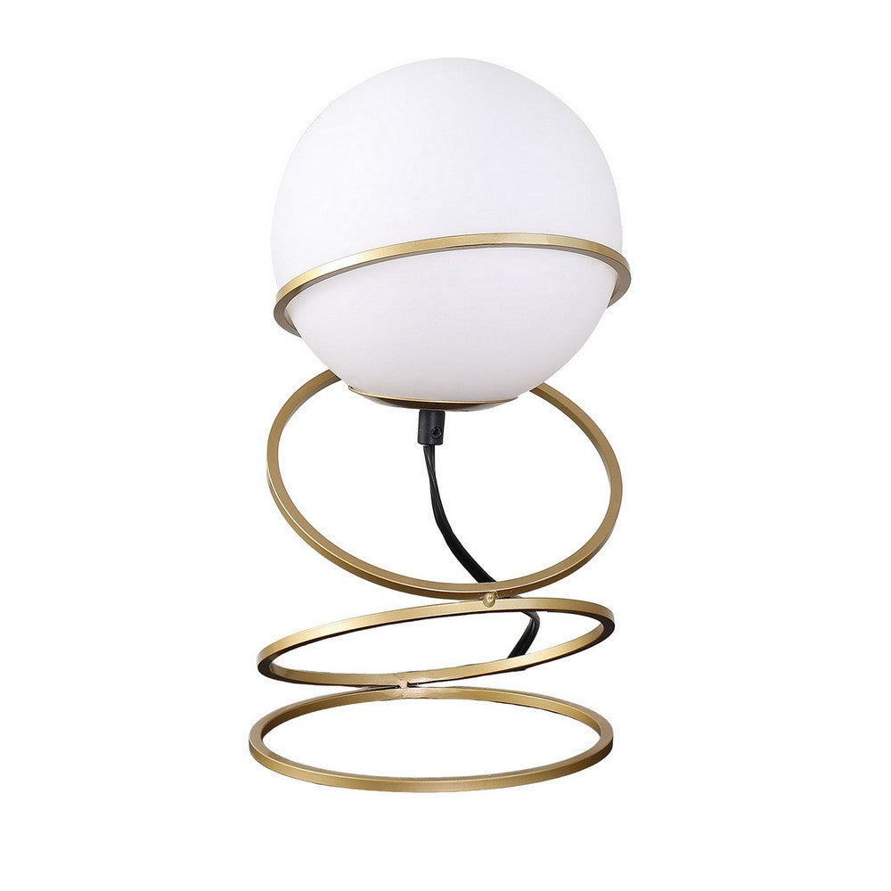 Table Lamp, White Glass Globe, 4 Spiral Ring Accented Base 14 Inch -BM324494