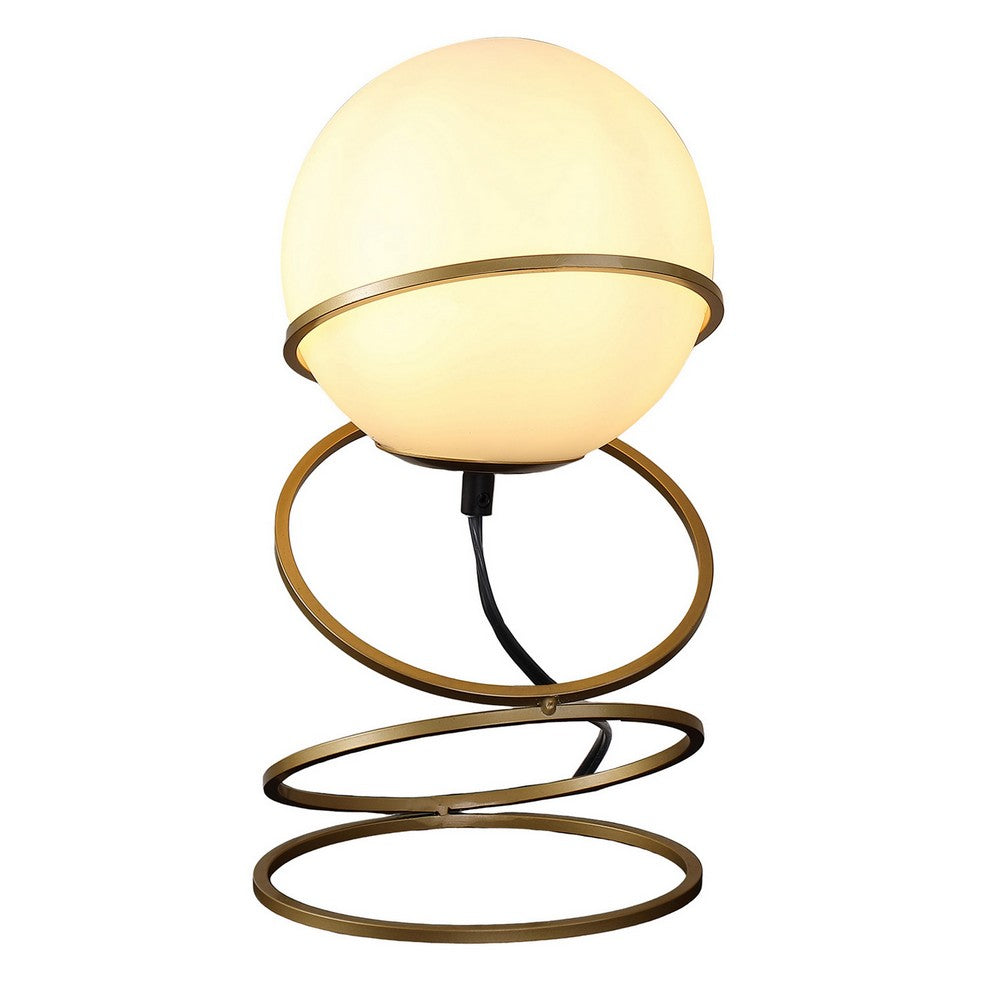 Table Lamp, White Glass Globe, 4 Spiral Ring Accented Base 14 Inch -BM324494