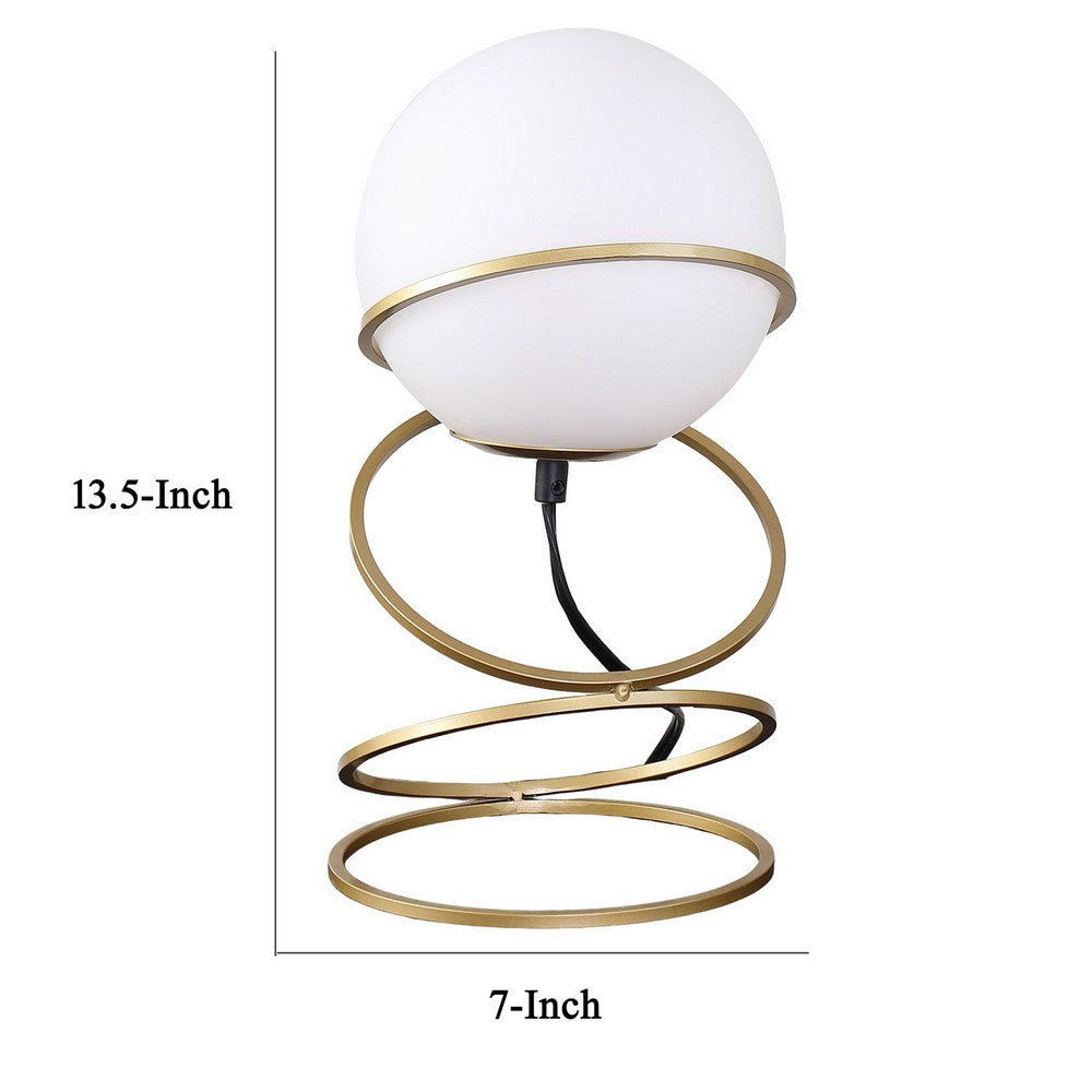 Table Lamp, White Glass Globe, 4 Spiral Ring Accented Base 14 Inch -BM324494