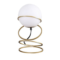 Table Lamp, White Glass Globe, 4 Spiral Ring Accented Base 14 Inch