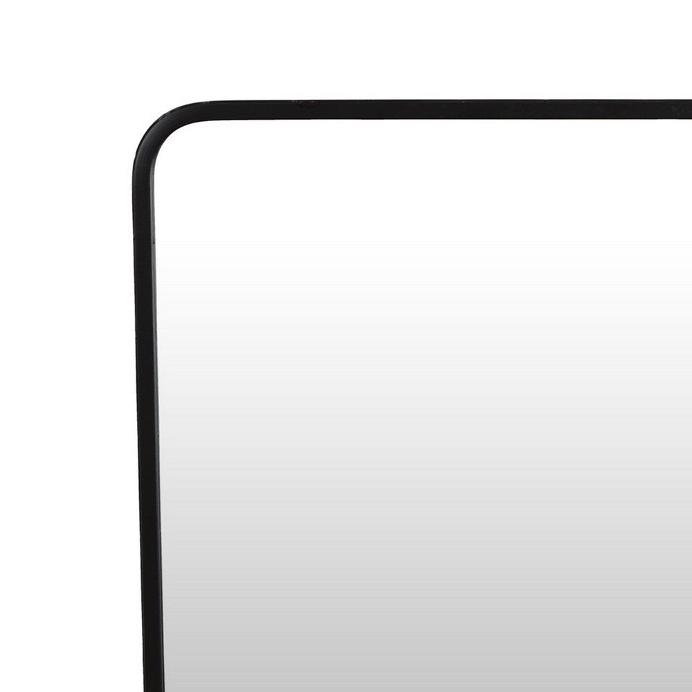 Elpis Wall Mirror Decor with Woven Shelf, 20 Inch Tall Black Metal -BM324522